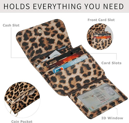 Women Small Wallet RFID Blocking Slim Wallet with Coin Pocket Tri-Fold Credit Card Holder with ID Window and Keychain (Leopard)