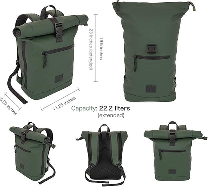 X RAY Roll Top Laptop Backpack for Men Women, PU Leather Expandable Roll Up Backpack Capacity Adjustable 22L & Fits 15.6" Laptop, Dark Olive
