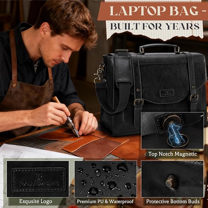 RAINSMORE Flap Messenger Bag for Men Vintage PU Leather Laptop Bag 15.6 Inch Retro Briefcase with Wallet Satchel Computer Bag