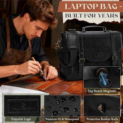 RAINSMORE Flap Messenger Bag for Men Vintage PU Leather Laptop Bag 15.6 Inch Retro Briefcase with Wallet Satchel Computer Bag