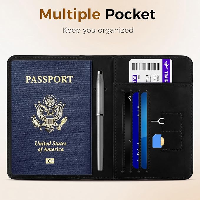 Passport Holder for Travel Women Men - Passport Cover Wallet with Airtag Slot - RFID Blocking PU Leather Passport Holder Case with Card Holder, Pen Slot - Black
