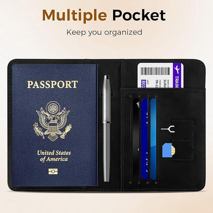 Passport Holder for Travel Women Men - Passport Cover Wallet with Airtag Slot - RFID Blocking PU Leather Passport Holder Case with Card Holder, Pen Slot - Black