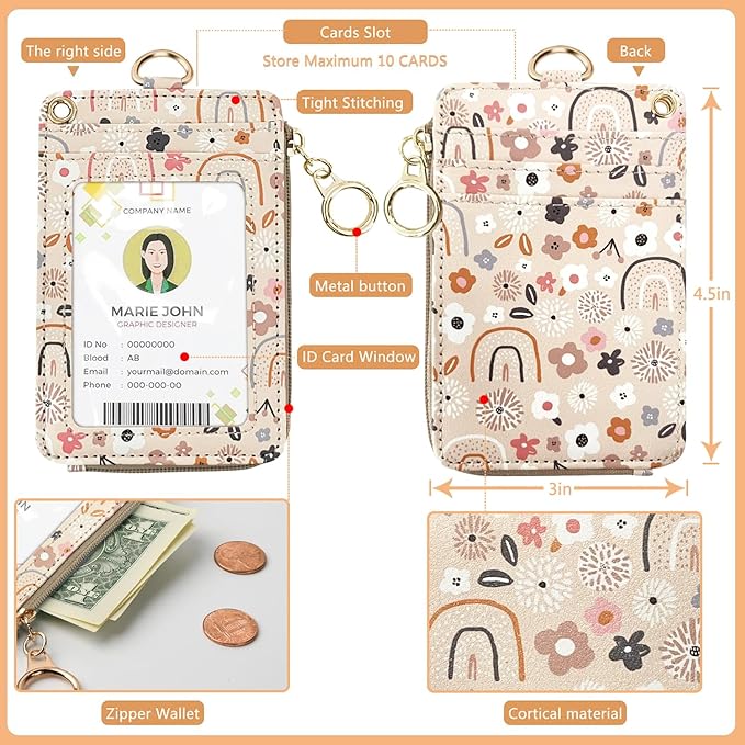 bolimoss Teacher Lanyards for ID Badges Holder and Keys Wallet,Cute Flowers Rainbow ID Lanyard Wallet for Women,ID Card Holders with Breakaway Neck & Wrist Lanyards for Work Nurse Teacher Student