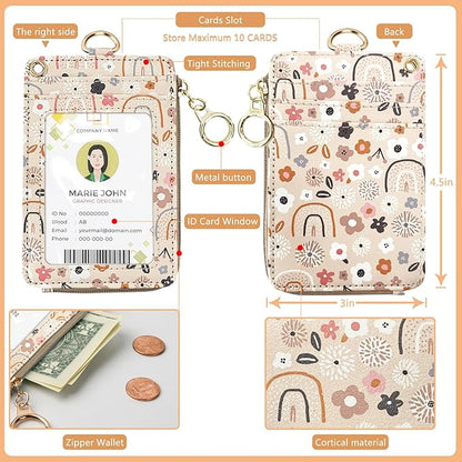 bolimoss Teacher Lanyards for ID Badges Holder and Keys Wallet,Cute Flowers Rainbow ID Lanyard Wallet for Women,ID Card Holders with Breakaway Neck & Wrist Lanyards for Work Nurse Teacher Student