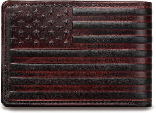 Pefiam Full Grain Leather Wallets for Men, Bifold Wallets for Men, Mens Leather Wallets with 12 Slots, RFID Blocking, Gifts for Men (USA Flag, Red)