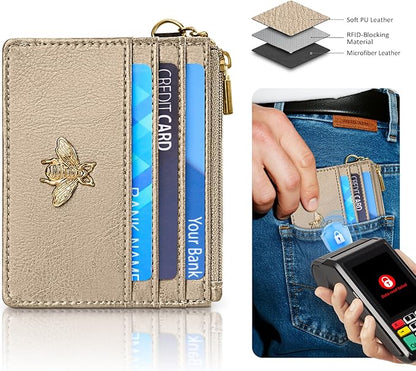 SEAVILIA Card Holder Keychain Wallet for Women with ID Window RFID Coin Purse Bee Gifts Slim Minimalist Small Wallet