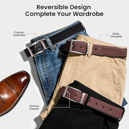 LMUGOOS 3 Pack Mens Belt Reversible Genuine Leather Belts - Adjustable & Cuttable 1.2" for Dress, Business, Casual & Jeans