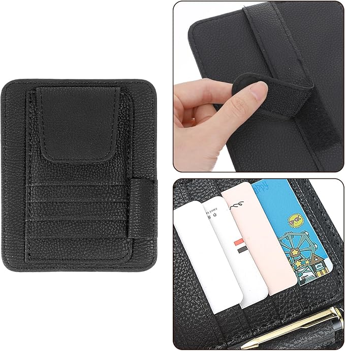 Small Leather Car Sun Visor Organizer with Storage Pouch & Sunglasses Clip, Auto Card Holder Registration/Insurance Slot, Credit Card Pockets, Automotive Interior Organizer for Cars Sun Visor(Black)