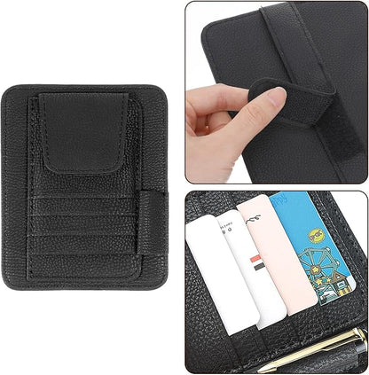 Small Leather Car Sun Visor Organizer with Storage Pouch & Sunglasses Clip, Auto Card Holder Registration/Insurance Slot, Credit Card Pockets, Automotive Interior Organizer for Cars Sun Visor(Black)