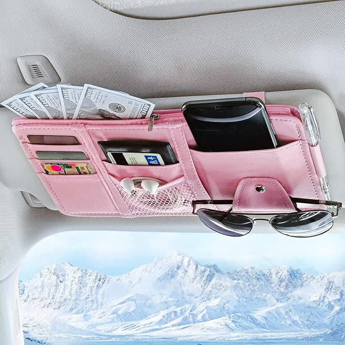 Keedolla Car Sun Visor Organizer, Truck Visor Organizer Car Sun Storage Pocket Pouch Case Bag for Sunglasses, Cards, Pens and Document - Pink