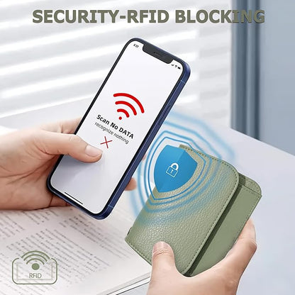Women Small Wallet RFID Blocking Slim Wallet with Coin Pocket Tri-Fold Credit Card Holder with ID Window and Keychain(Light Green)