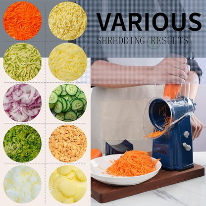 Upgrade Rotary Cheese Grater Shredder with Handle, Strong Suction Base, Multi-purpose Rotary Grater Slicer with 5 Interchangeable Blades for Ice, Vegetables, Fruit, Nuts with Blade Storage Box