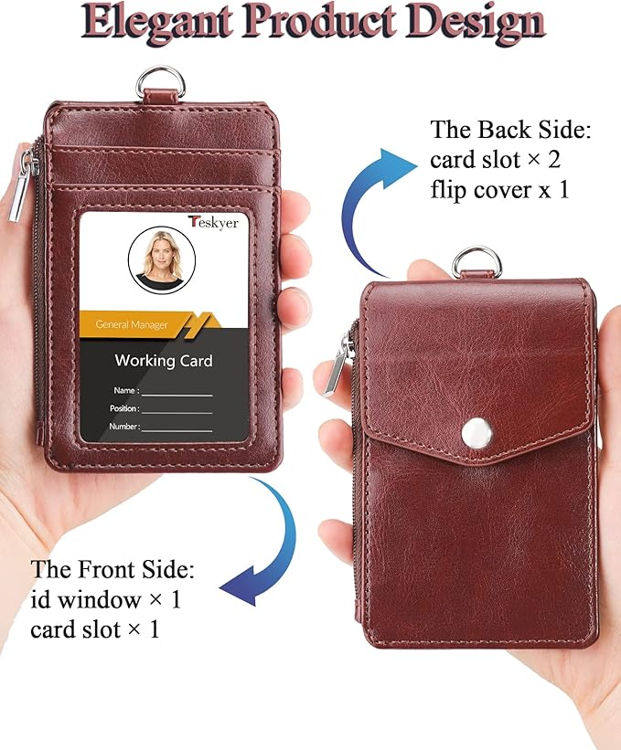 Teskyer Badge Holder with Side Zip Pocket, Multiple Card Slots Leather ID Holder Wallet with Neck Lanyard for Office Staffs, Teachers/Students, Couriers, Workers, Brown