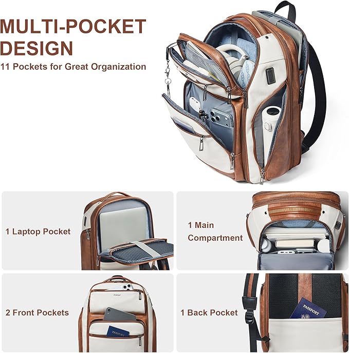 Vegan Leather Backpack, 40L Expandable, TSA Travel Backpack for Men and Women, Fits 17.0 Inch Notebook with USB Port and Luggage Strap, Beige
