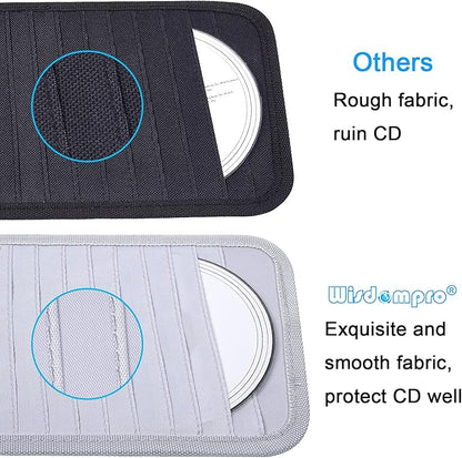 Car CD Case Holder, Wisdompro Vehicle Sun Visor Organizer for Cars with 12 DVD Storage Sleeves, 1 Mesh Pocket, 1 Pen Holder and Elastic Strap, Gray