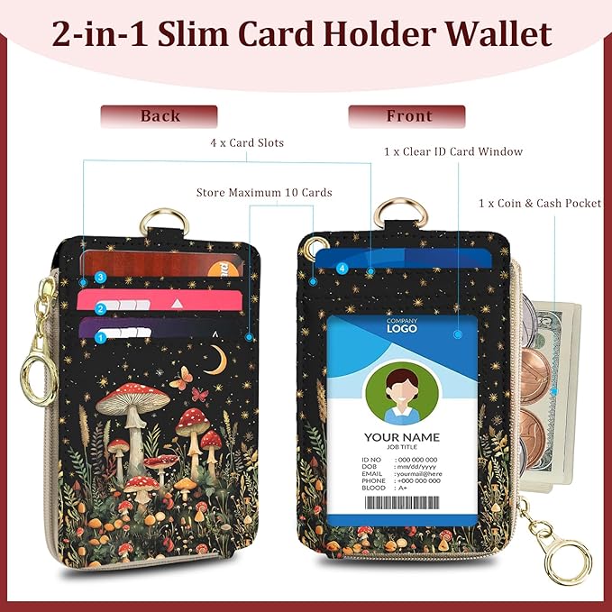 Lanyard Wallet with ID Badge Holder, Mushroom Butterfly Lanyard with ID Holder Zipper, RFID Card Holder for Women, Detachable Neck Lanyard Wrist Strap with Keychain for Nurse Doctor Teacher Gifts