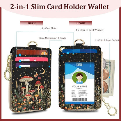 Lanyard Wallet with ID Badge Holder, Mushroom Butterfly Lanyard with ID Holder Zipper, RFID Card Holder for Women, Detachable Neck Lanyard Wrist Strap with Keychain for Nurse Doctor Teacher Gifts