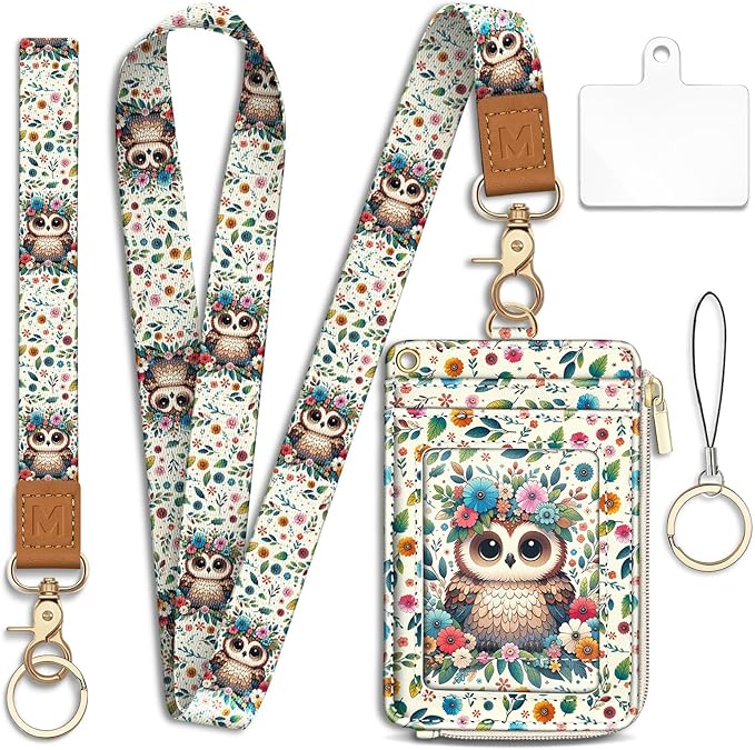 Lanyard Wallet with Id Badge Holder, Floral Owl RFID Small Keychain Wallet Women Wristlet, Cute Zipper Credit Card Holder Phone Wrist Neck Strap for Key Name Tag, Teacher Student Office Gifts