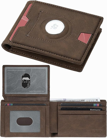furid Air Tag Wallet Men Slim: Minimalist 2 ID Window RFID Leather Wallets with Airtag Holder - Gifts for Husband Father at Birthday Anniversary