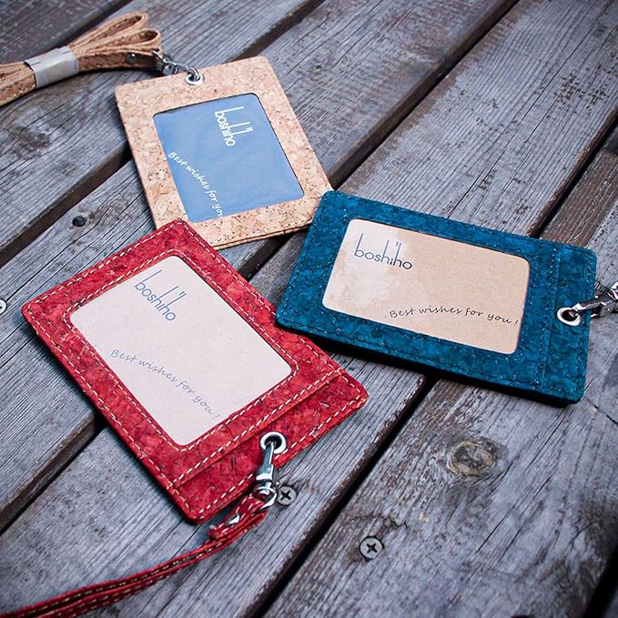 Cork Badge Holder, Boshiho Vertical Style Eco-Friendly Natural Cork Name ID Card Holder with Lanyard (Cork Red)