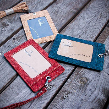 Cork Badge Holder, Boshiho Vertical Style Eco-Friendly Natural Cork Name ID Card Holder with Lanyard (Cork Red)