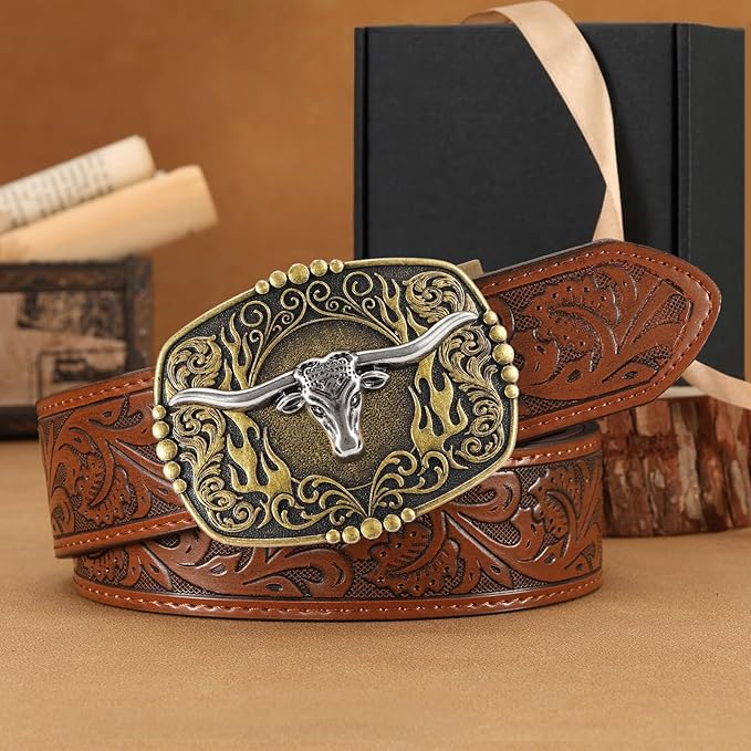 Cowboy Western Ratchet Belt for Men Women with Automatic Western Buckle, Ratchet Cowboy Leather Belt for Jeans Gifts