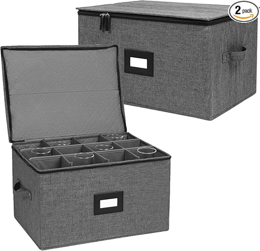 Wine Glass Storage Box 2 Pack, Hard Top Stemware Storage Cases Containers , Stackable Crystal Glass Storage Containers for 24 Glassware Drinkware, with Handles for Moving/Home, 17"x13"x10" Black