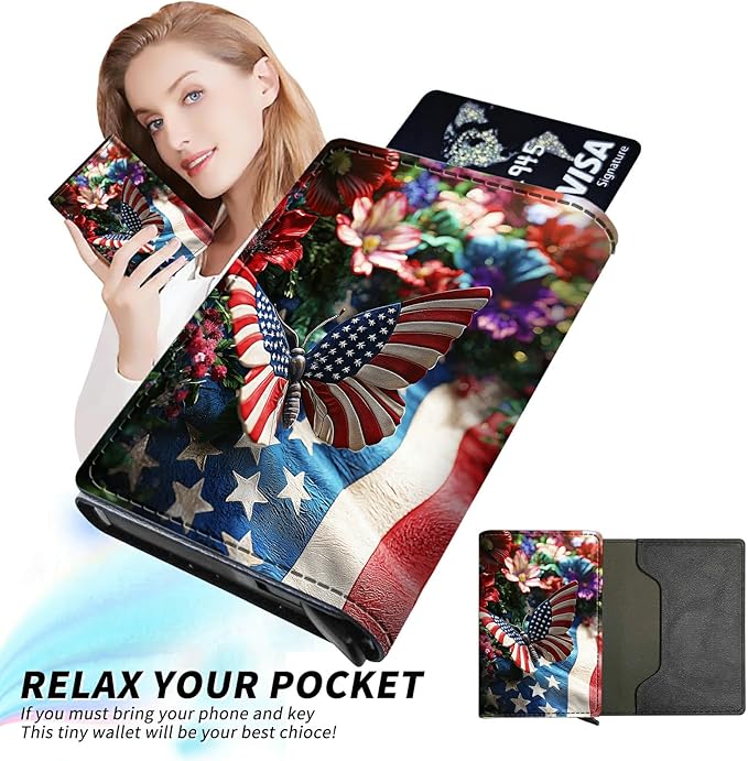 Minimalist Wallet for Men's Card Holders, Pop-Up Card Case Wallets for Women, Leather Automatic Credit Card Holder with Metal Money Clip RFID Blocking Bifold Pocket, National Flag Butterfly
