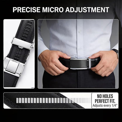 JINIU Men's Ratchet Belt Buckle, Black Genuine Leather Slide Belt for Men Dress Suit, Micro Adjustable Trim to Fit Boxed