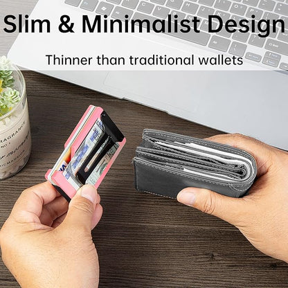 Minimalist Carbon Fiber Wallet for Men, Money Clip Cash Strap Wallet, RFID Blocking Metal Wallet Aluminum Card Holder,Front Pocket Wallet(Matte Pink)