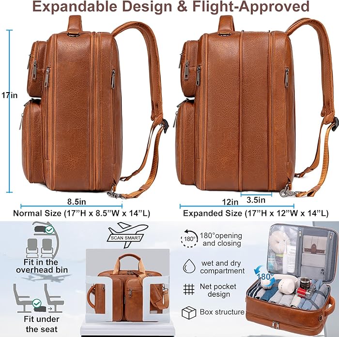 weiatas 3-in-1 Vegan Leather Convertible Laptop Bag for Men Women, Expandable Travel Backpack Work Briefcase Messenger Bag | Convertible, Expandable, Multi-pocket, Waterproof