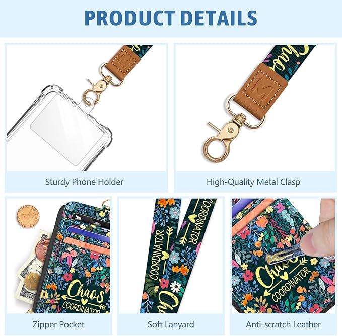 Piefly Flowers Lanyard Wallet with ID Badge Holder, Small RFID Wallet Women Keychain Wristlet, Slim Credit Card Holder with Zipper Pocket Phone Lanyard Wrist Strap Name Tag Woman Office Teacher Gift