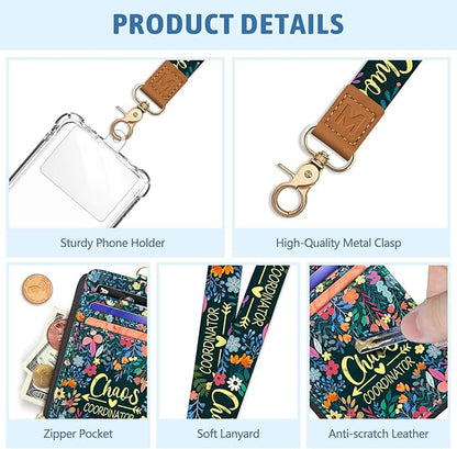 Piefly Flowers Lanyard Wallet with ID Badge Holder, Small RFID Wallet Women Keychain Wristlet, Slim Credit Card Holder with Zipper Pocket Phone Lanyard Wrist Strap Name Tag Woman Office Teacher Gift