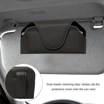 Sunglass Holder for Car Visor, Magnetic Auto Sun Visor Eyeglass Organizer with Dual Back Clips, Leather Glasses Protective Storage Case Universal for Most Vehicles Visors (Black)