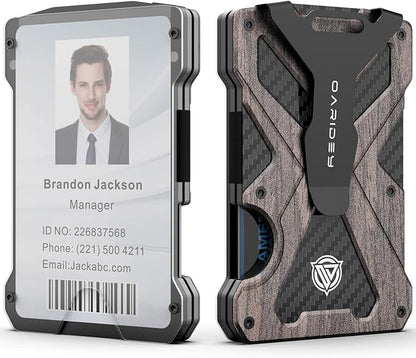 Minimalist Wallet for Men- Slim Aluminum Metal Money Clip Wallet with Clear ID Card Holder, Carbon Fiber Wallet, RFID Blocking,Holds up 15 Cards with Cash Clip,Ultra-Thin Tactical Wallet - Walnut Wood
