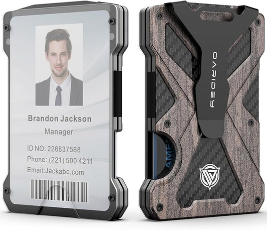 Minimalist Wallet for Men- Slim Aluminum Metal Money Clip Wallet with Clear ID Card Holder, Carbon Fiber Wallet, RFID Blocking,Holds up 15 Cards with Cash Clip,Ultra-Thin Tactical Wallet - Walnut Wood