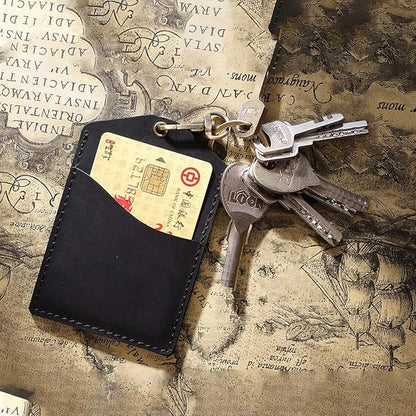 Badge Holder Vertical Handmade Leather ID Card Badge Holder Keychain with Heavy Duty Lanyard for Men Women (Black Leather)