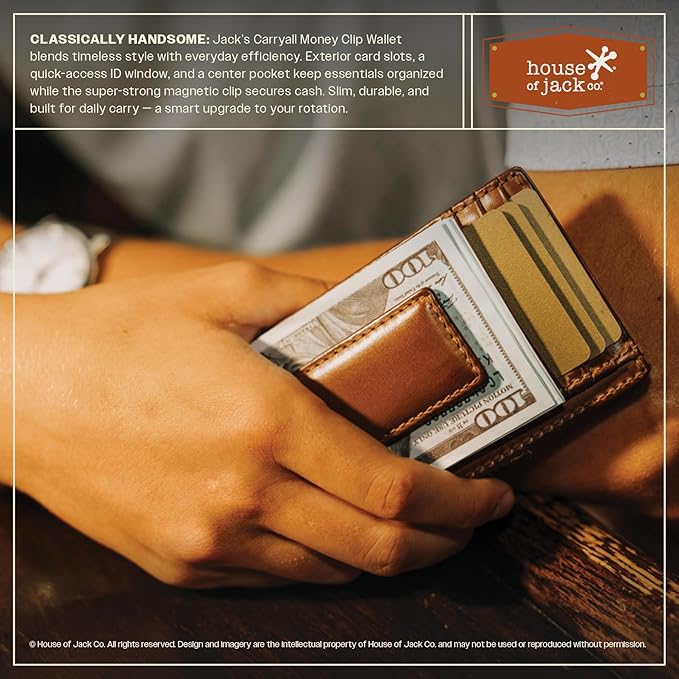 House of Jack Co. Carryall Slim Money Clip Wallet for Men, Super Strong Magnetic Clip, Front Pocket Wallet Card Holder, Full Grain Cowhide Leather, Tan