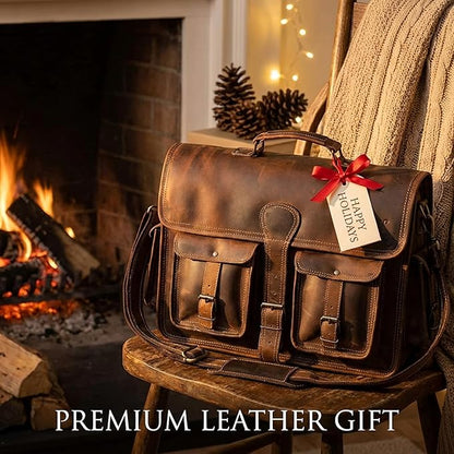 cuero Leather Messenger Bag for Men, 16 Inch Laptop Crossbody, Vintage Handmade Leather Shoulder Satchel Bag for Men, Full Grain Business Briefcase for Office/Work/Travel - Brown