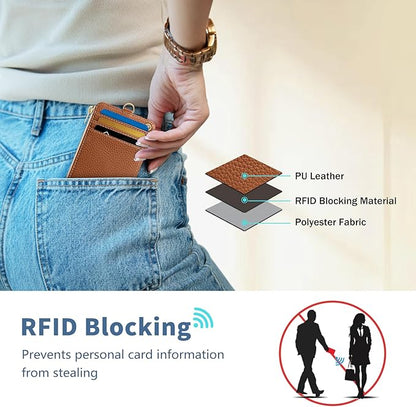Lanyard Wallet with Id Badge Holder, Brown RFID Small Keychain Wallet Women Wristlet, Minimalist Zipper Credit Card Holder Phone Wrist Neck Strap for Key Name Tag, Teacher Student Office Gift