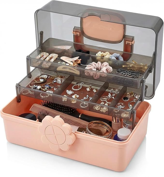 Pulseplay 3-Layer Hair Accseeories Organizer Box for Girls Portable Craft Organizers and Storage with Handle Multipurpose Plastic Storage Box for Hair Accessories,Jewery,Sewing,Art Supply,Nail
