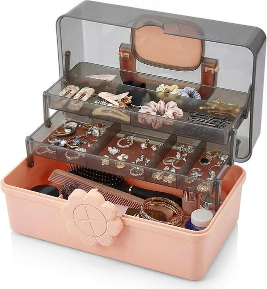 Pulseplay 3-Layer Hair Accseeories Organizer Box for Girls Portable Craft Organizers and Storage with Handle Multipurpose Plastic Storage Box for Hair Accessories,Jewery,Sewing,Art Supply,Nail