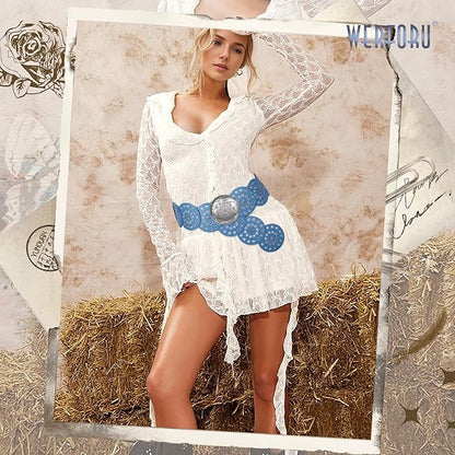 WERFORU Women Vintage Leather Belt Western Disc Waist Belts Ladies Western Belt Boho Belt for Dress Jean-