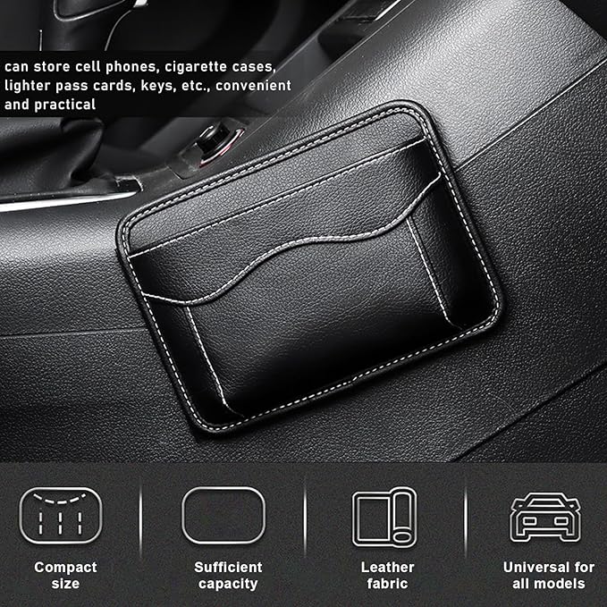 povtii 2 PCS Car Seat Side Pocket Organizer, PU Leather Cell Phone Sunglasses Storage Pocket, Mini Seat Gap Filler Pouch for Auto Seat Door Window Console, Interior Car Accessories (Black)