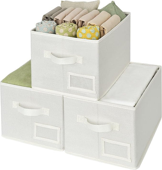 GRANNY SAYS Closet Organizer Bins with Label Holder, Fabric Storage Baskets, Foldable Storage Bins for Living Room, Decorative Storage Containers Organizing, Pearl White, Medium, 3-Pack