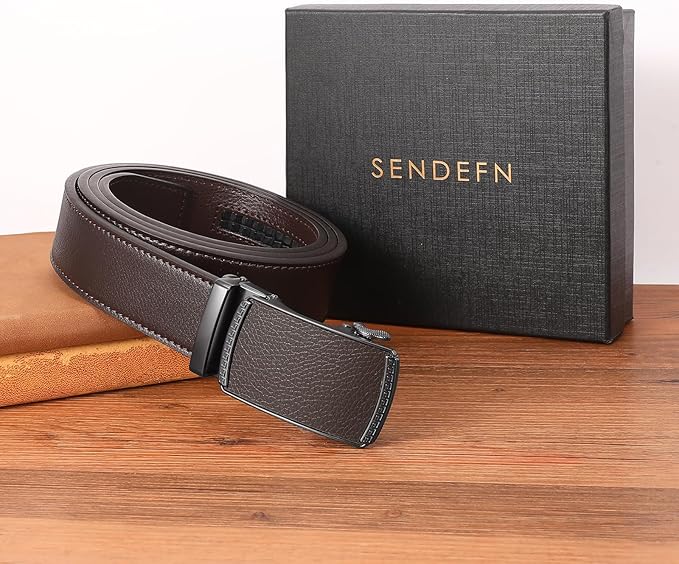 SENDEFN Men's Leather Belt Automatic Ratchet Buckle Slide Belt for Dress Casual Trim to Fit with Gift Box