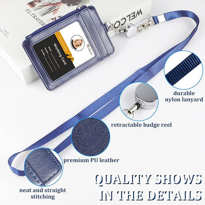Teskyer Leather Badge Holder with Lanyard and Retractable Badge Reel, 4 Card Slots ID Card Holder with 1 Zipper Pocket for Office School Name Work IDs, Blue