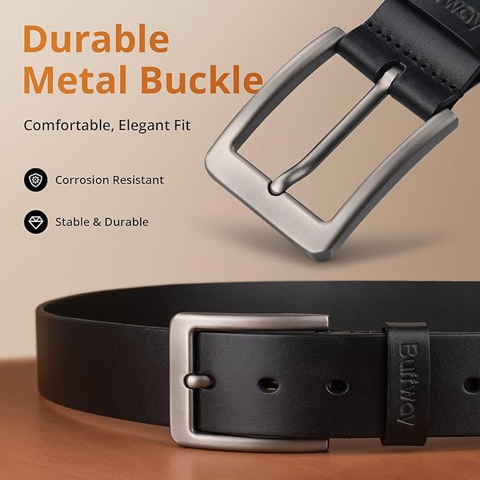 Buffway Men’s Full Grain Leather Belt – Solid One-Piece Leather, 1.5” Wide for Jeans & Business Casual, Gift Box Included