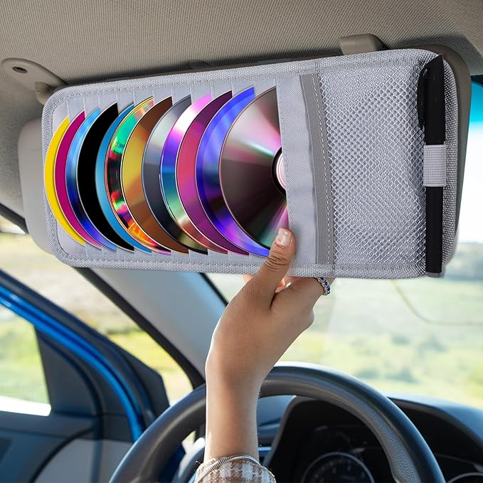 CD Case Holder for Car - DVD Vehicle Visor Storage Orangizer Sun Visor Organizer for CD Visor Case with 12 DVD Storage Sleeves 1 Mesh Pocket 1 Pen Holder(Grey)