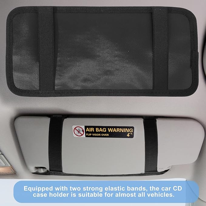 1 Pcs Car CD Holder, Car Sun Visor Storage DVD Disc Holders Pocket Case Organizer with 12 DVD Storage Sleeves, one Mesh Pocket, one Pen Holder, and Elastic Strap (Black)